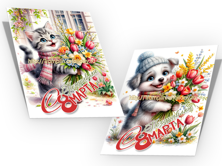 Открытки 8 марта - Собачки Кошечки